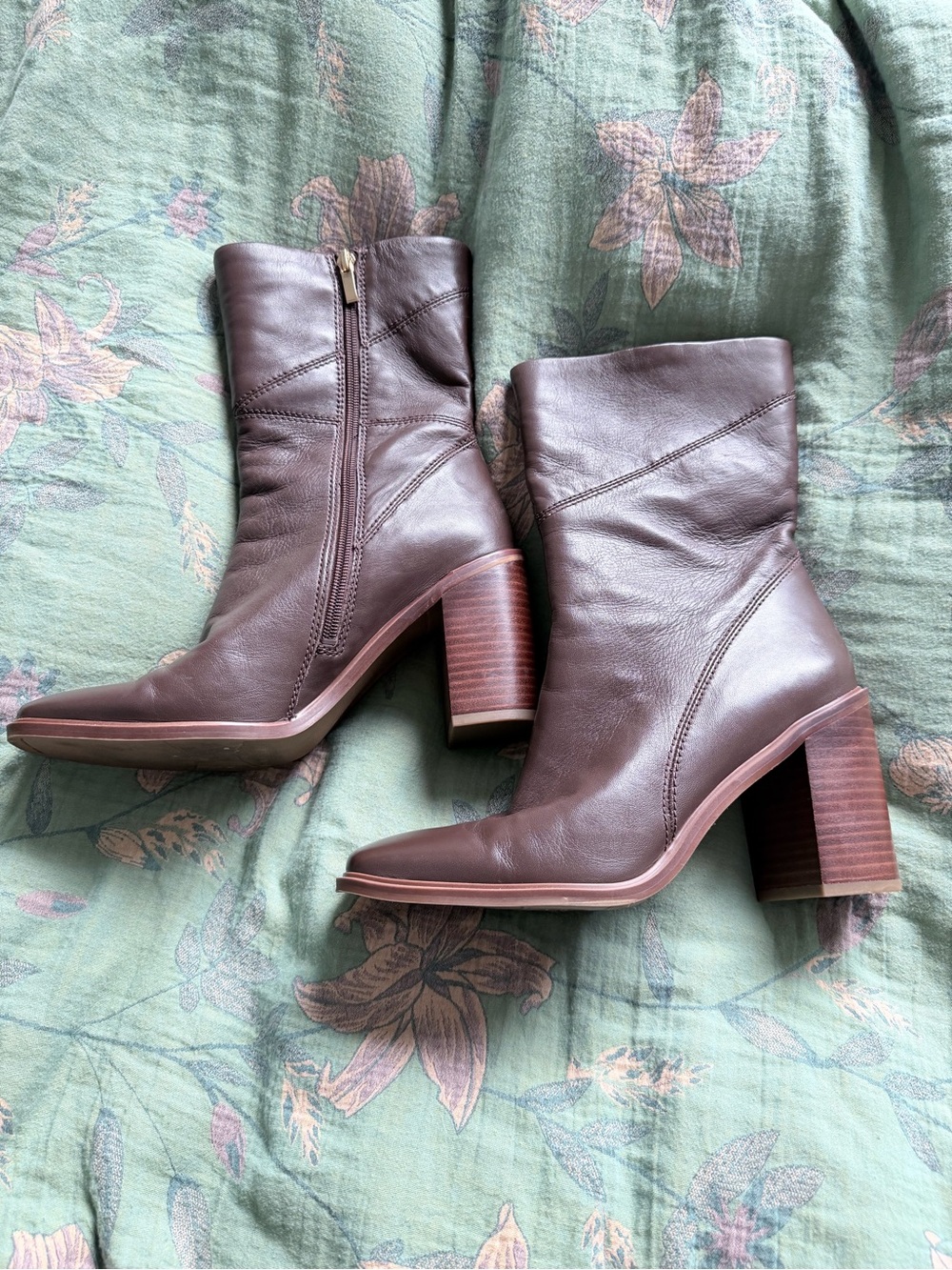 Franco Sarto Brown Leather Block Heel Mid-Calf Boots